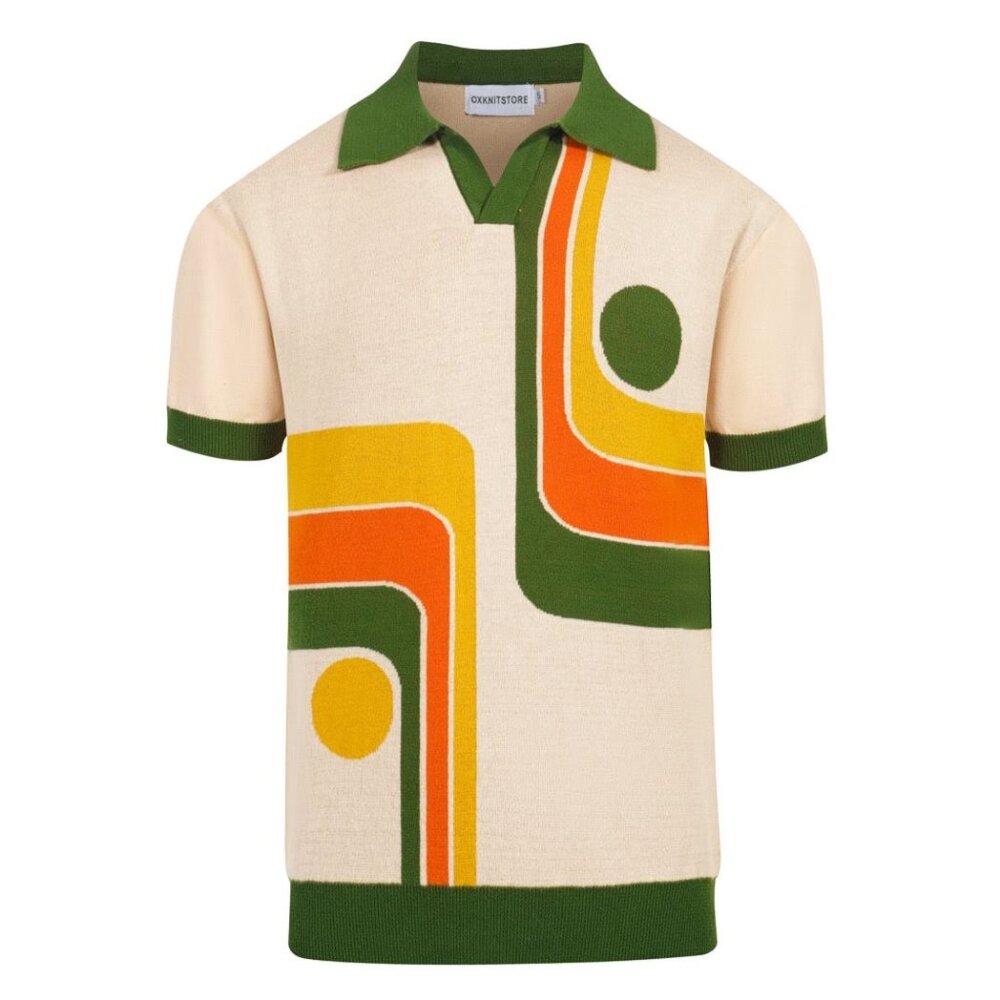 Men's Retro Knit Polo – Vintage Cream Button-Up with 70s Geometric Graphic